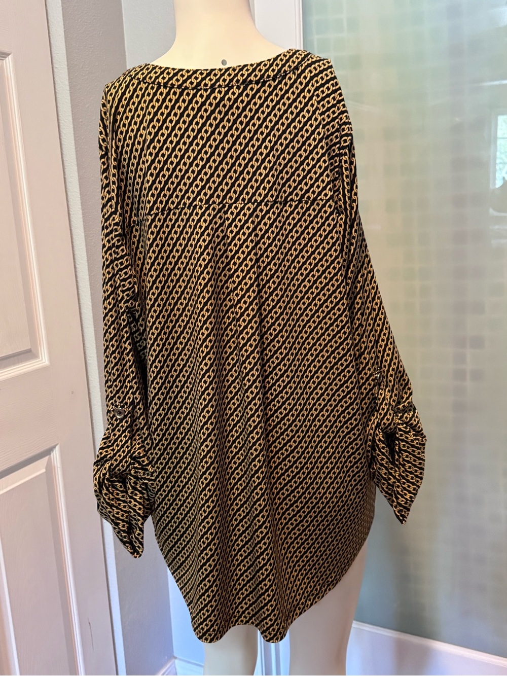 Michael Kors Black and Tan Chain-Print Zip Front Blouse - Picture 2 of 5